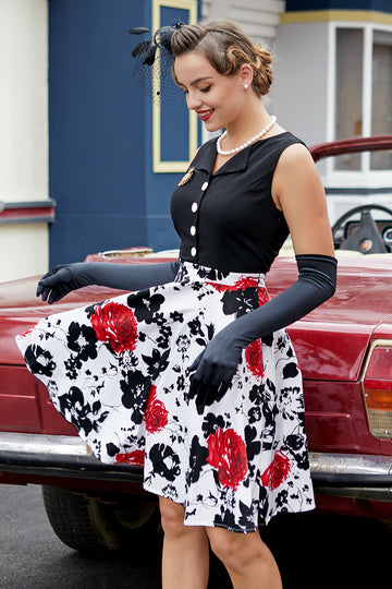 Czarna Sukienka z Nadrukiem w stylu Patchwork